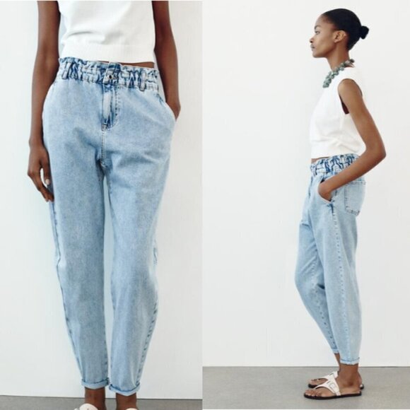 ZARA High-Waisted Paperbag Baggy Blue Jeans Style Z1975 Size 2 - Picture 3 of 16